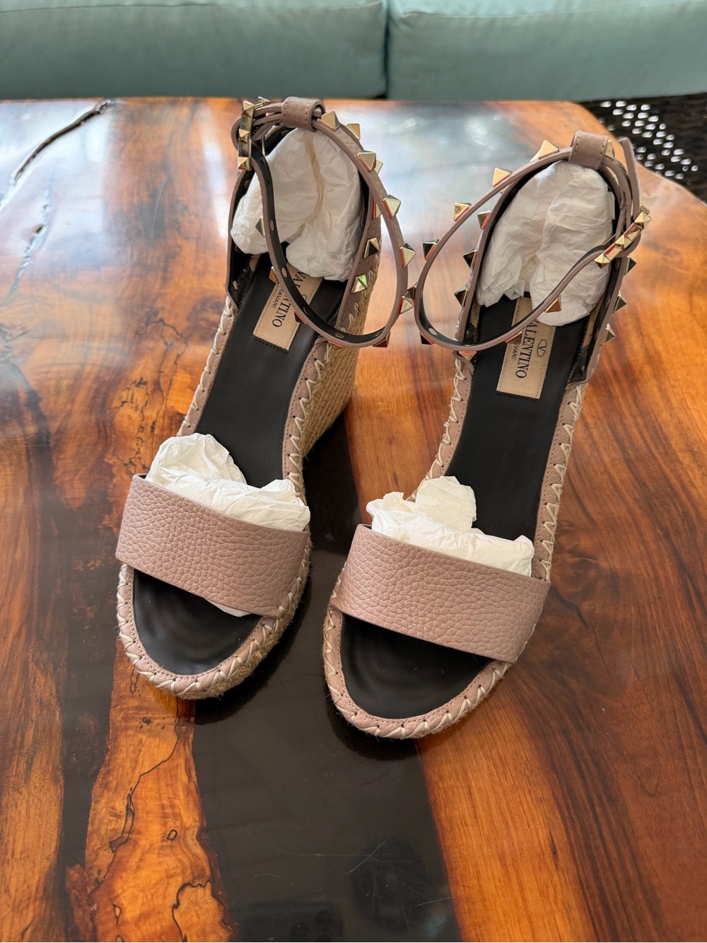 Valentino Taupe Leather Rockstud Espadrille Wedge Sandals